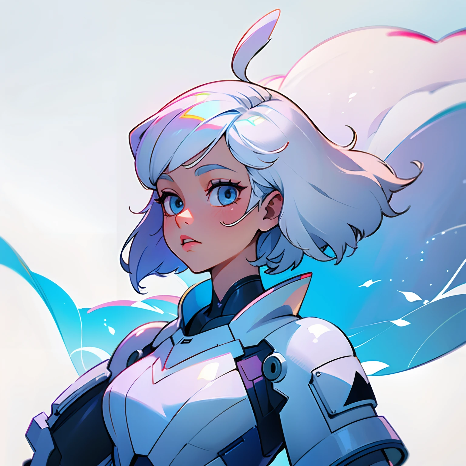 apple inc if it was a girl character, white hair, ((solo character)), future background