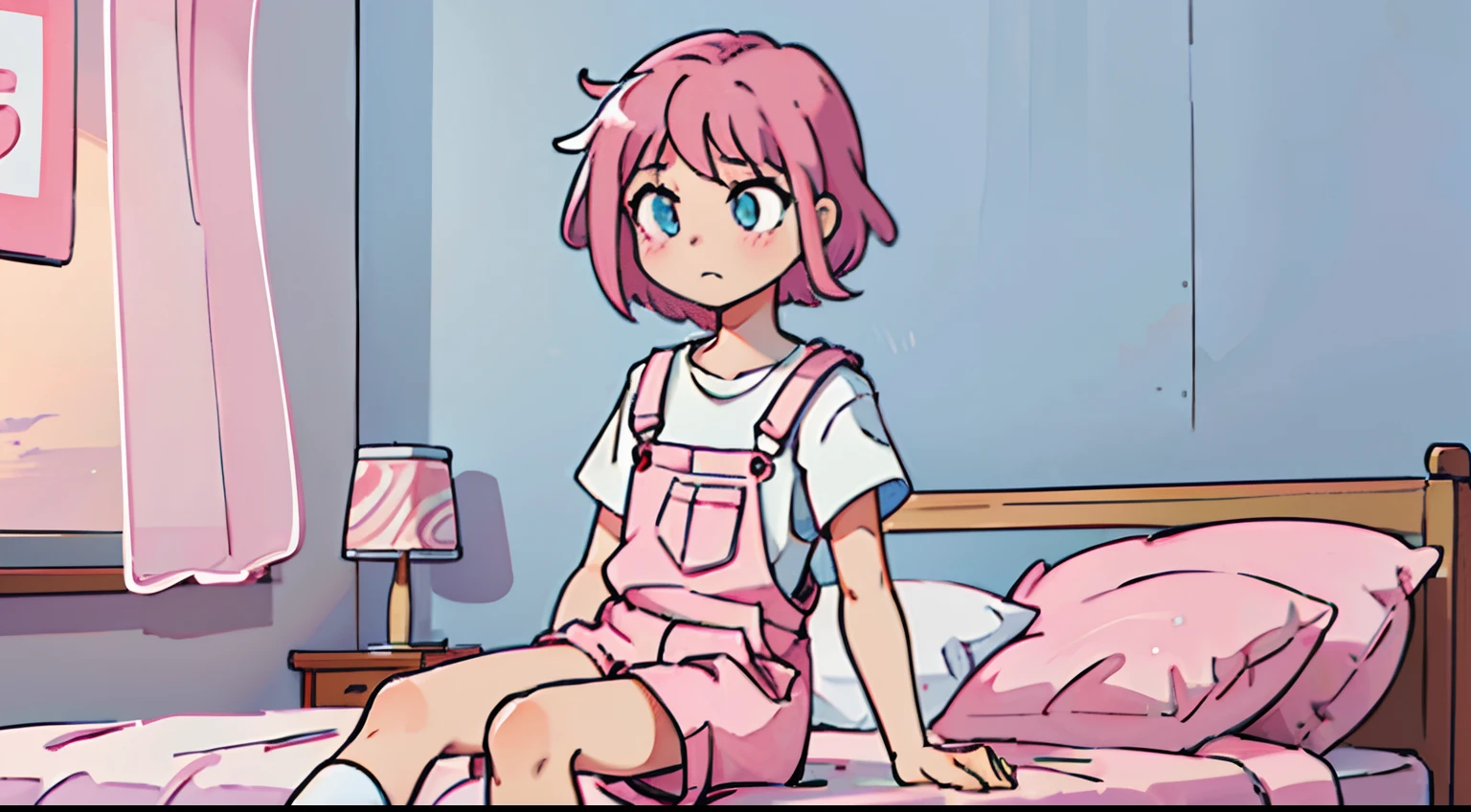 Anime girl with short pink messy hair, wearing a white shirt and red overalls, sitting on her bed