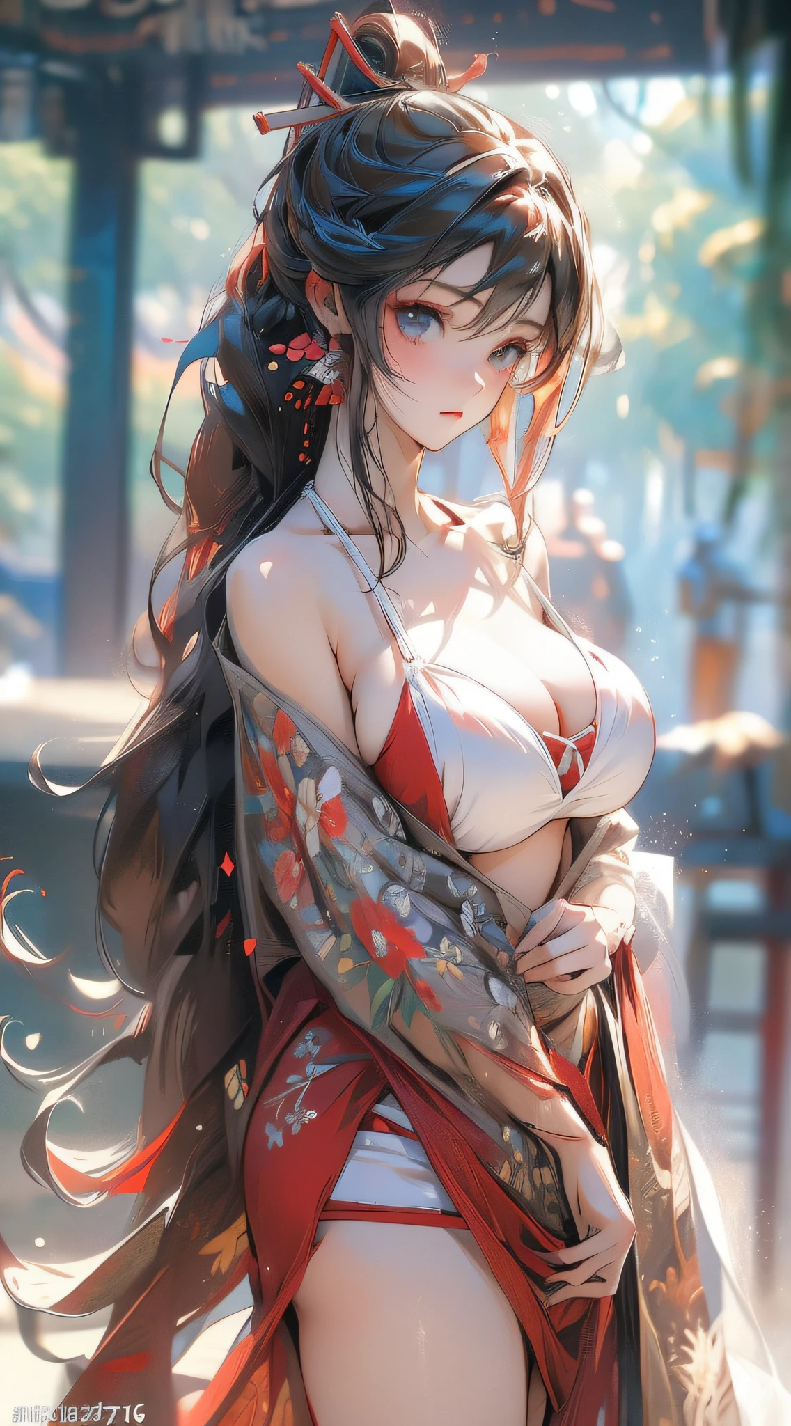 ((Best Quality)), ((masutepiece)), ((Detailed big)), Realistic, Convoluted,  K, nffsw, nffsw, Super sexy 16irl, Sexy Red White Yellow ((The bikini)), Beautiful、Fantastic forest blurred background、