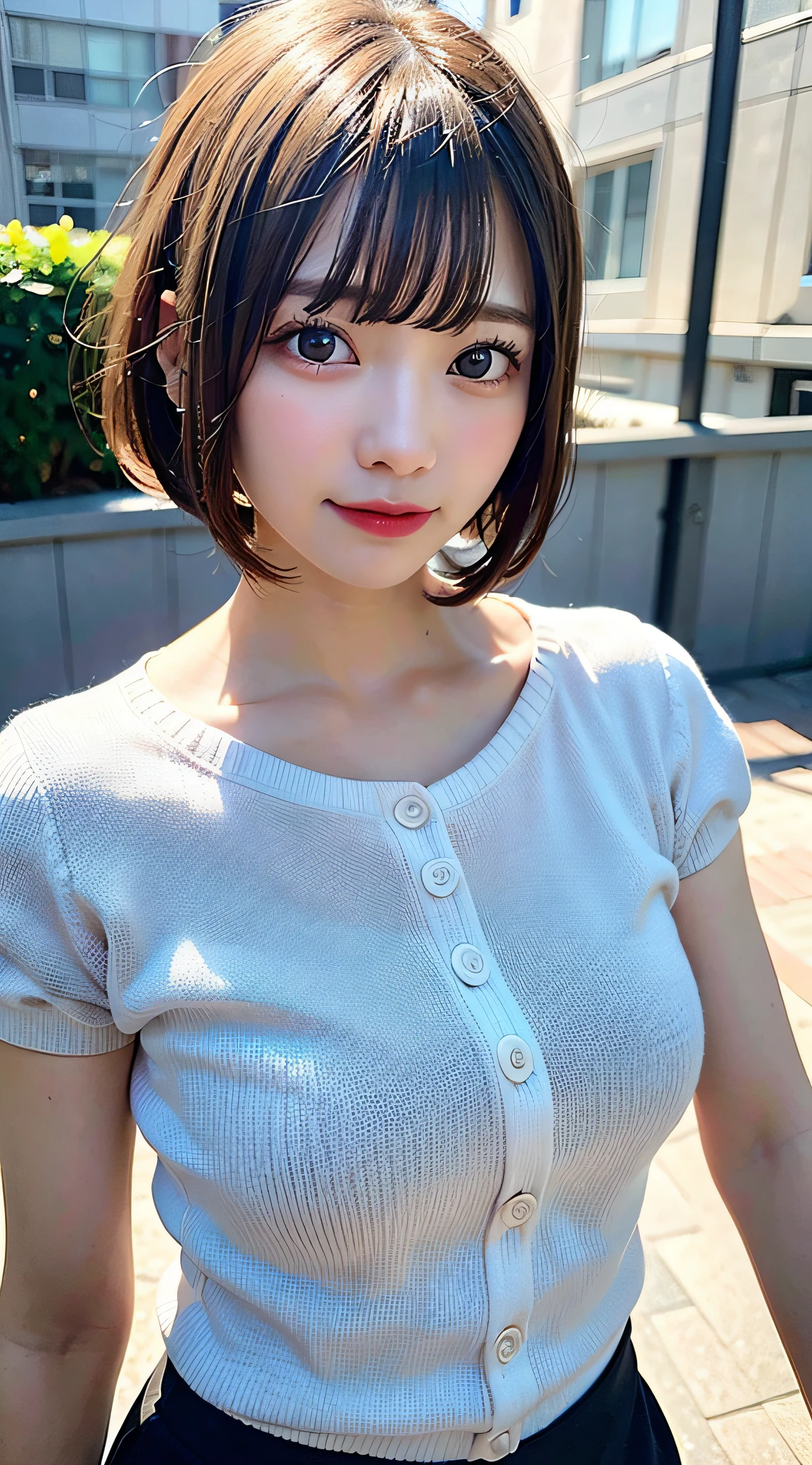 Cute Woman, Leaning on the railing of a rooftop overlooking the city. Short hair,The eyes are large, Slightly droopy eyes, Striped shirt outfit, Small breasts, Close-up angle of a smiling face, Full-neck shirt, Face close-up