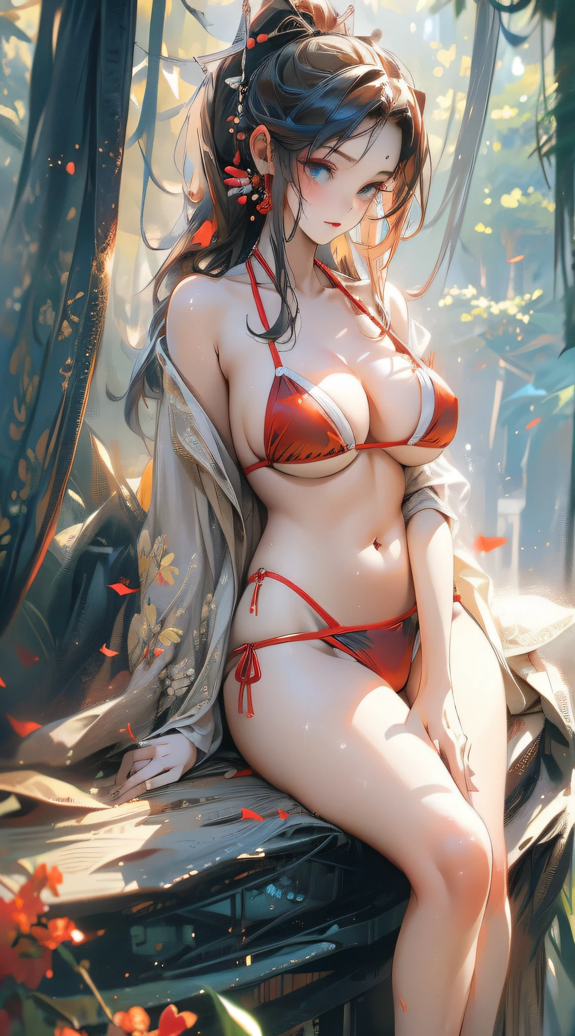 ((Best Quality)), ((masutepiece)), ((Detailed big)), Realistic, Convoluted, 16 K, nffsw, nffsw, Super sexy 16 year old girl, Sexy Red White Yellow ((The bikini)), Beautiful、Fantastic forest blurred background、