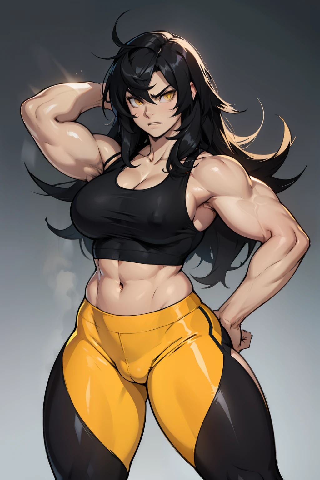 1girl (muscular) large breasts thick thighs pale skin black hair very long hair yellow eyes angry tank top leggings seaty shiny skin