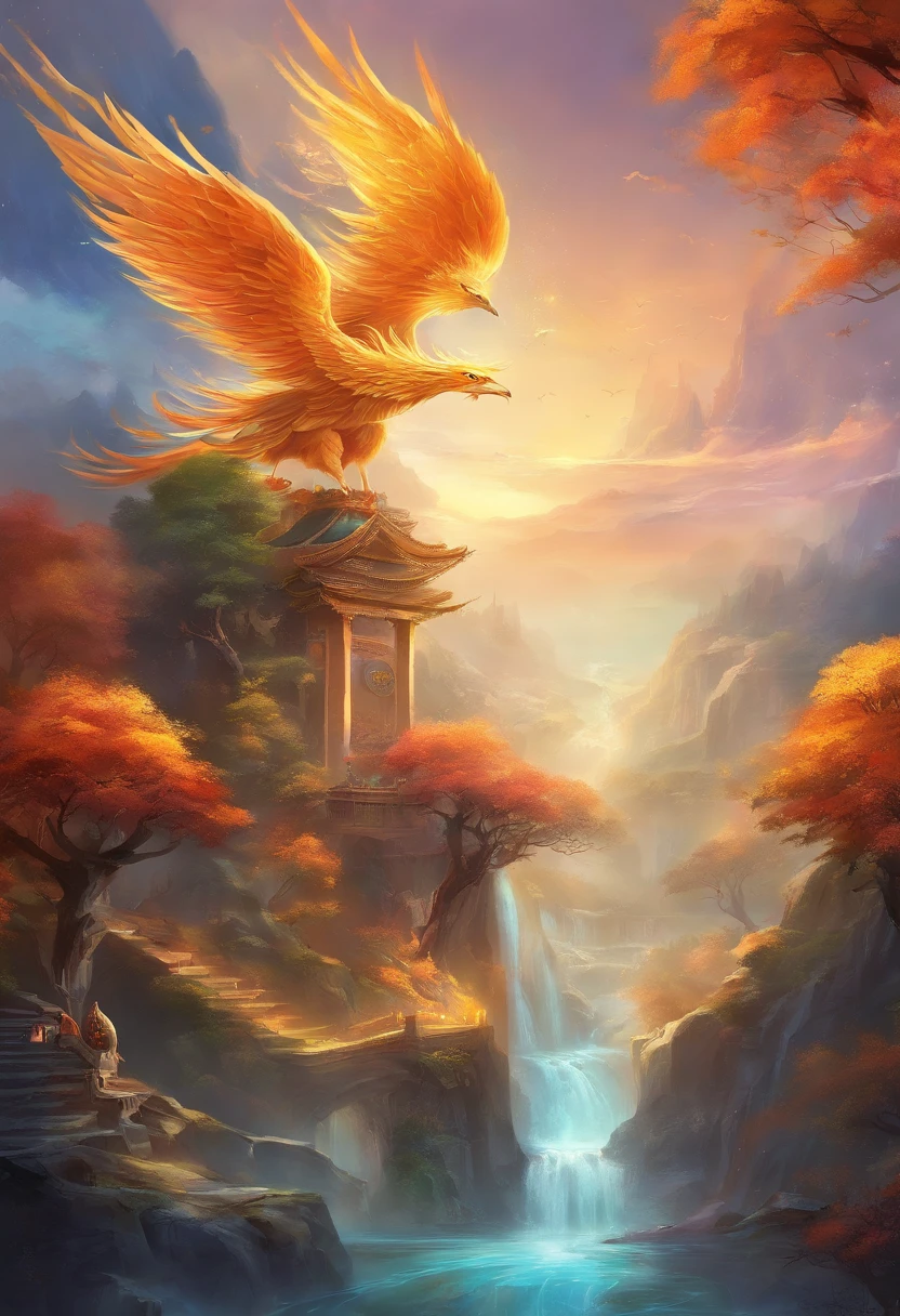 mythological creatures,((A golden phoenix spreading its wings)),Traditional Chinese elements,Ancient murals,Illustrative myths,Fuyao Legend,Dappled light,Hazy haze,mystical aura,tmasterpiece,k hd,Rich in color,Detailed details,Seven colors,Landscape waterfall
