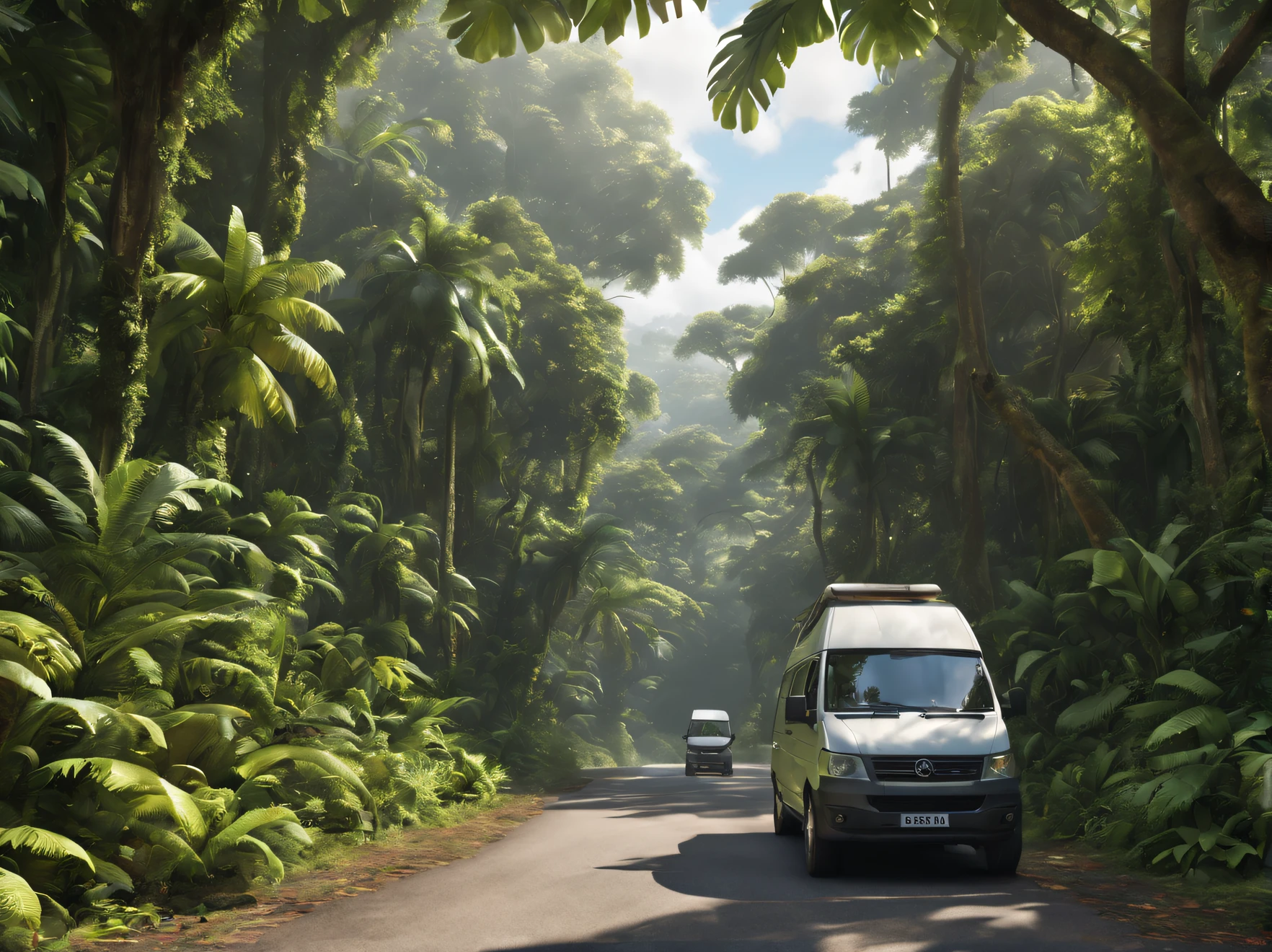 An obscure road in the rainforest， 1 campervan，Drive slowly. The sky is obscured by lush vegetation，Sunlight casting，Dingdall effect，Vine plants，Tropical plants，Depict a lively rainforest ecological landscape.monkeys，Flying birds，insects
(Best quality,4K,8K,A high resolution,Masterpiece:1.2),Ultra-detailed,(Realistic,Photorealistic,photo-realistic:1.37),