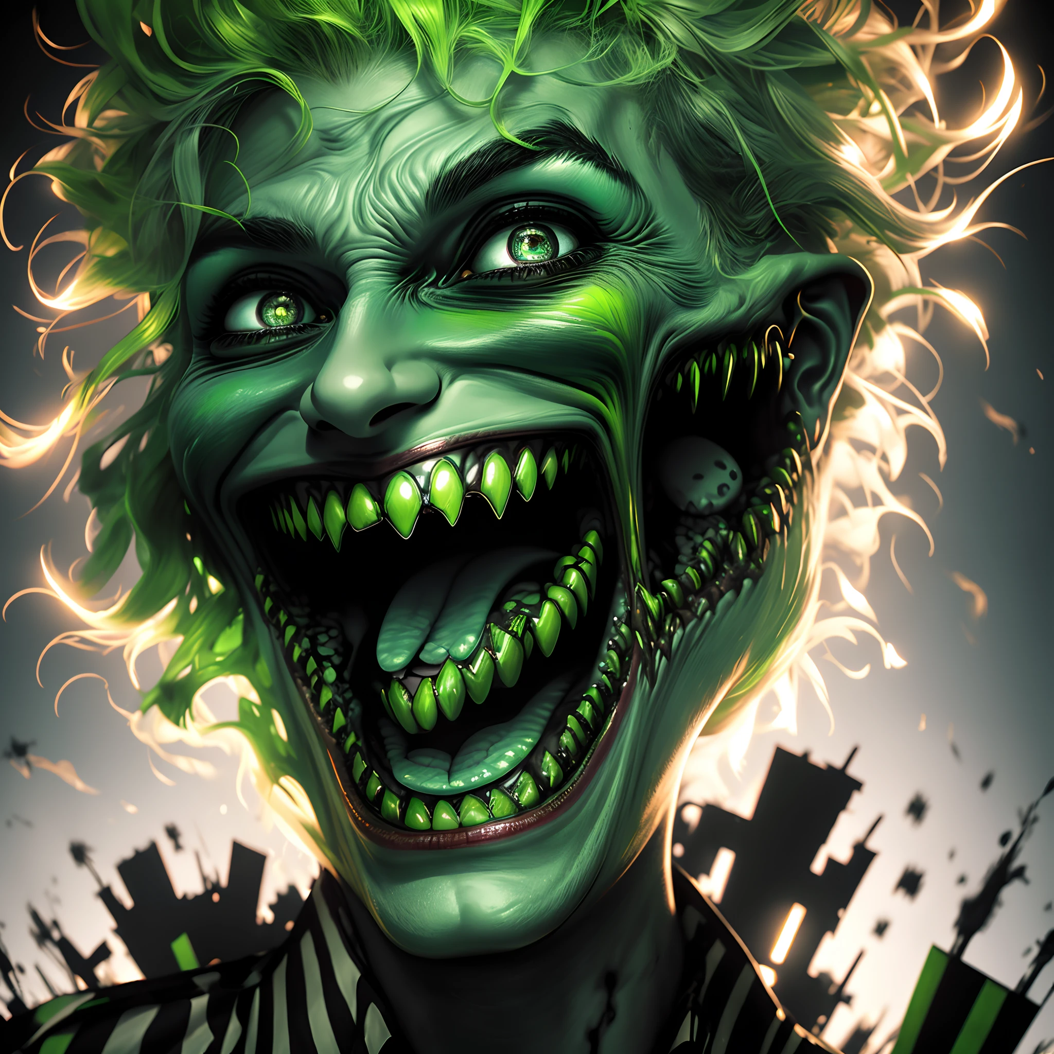 Niji Slime, sinister, Abandoned circus tent, Glowing eyes, Sharp teeth, Grimacing, Nosebleeds, dripping paint, Eerie laughter, Dramatic shadows,  Bright and realistic eyes and a bright, crazy smile，anatomy correct， （Perfect photo realistic face）， tmasterpiece， studio lit