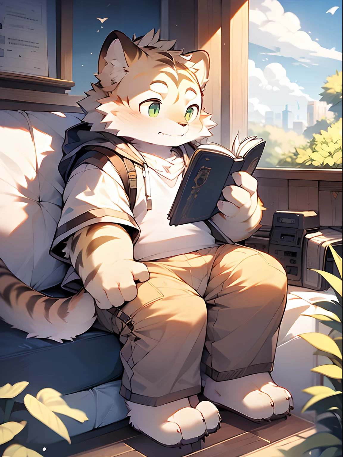 Masterpiece, Best quality, Perfect anatomy, author：K0bit0wani, author：Milk Tiger 1145, (author：Dex:0.3), Furry, coyote, tiny ears, Solo, Male, baggy pants, Skinny white vest, Eau, Abs, legs separated, Small raised, Slightly chubby figure, holding book, Detailed background, music sheets, Leaning back, Butterfly, Grass，Shota，Libido boy