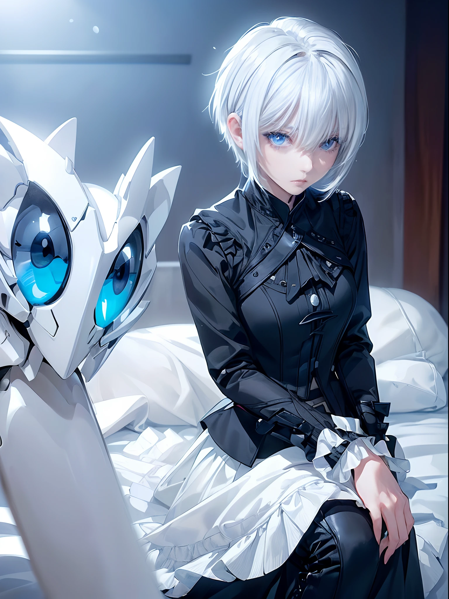 ((4K works))、masterpiece、(top-quality)、One Beautiful Girl、Slim body、tall、((Black Y-shirt and white pants、Charming street style))、Please wear one jacket、Wearing a hood、(Detailed beautiful eyes)、Morning City、((Bedroom))、Fantasy bedroom inhabited by aristocrats、Black bedroom、Video call screen、((Face similar to Carly Rae Jepsen))、((Short-haired white hair))、((Smaller face))、((Neutral face))、((Bright blue eyes))、((American adult women))、((Adult female 26 years old))、((cool lady))、((Like a celebrity))、((Gentle expression))、((Korean Makeup))、((elongated and sharp eyes))、((Happy dating))、((boyish))、((Upper body photography))、Professional Photos、((Shot alone))、((She's on the futon))、((It's like making a video call with your audience))、((Sitting on a futon))、((Shot very close to the face))、((Face Close-up))、((An evil man with black hair is standing behind her))、((There is a male figure behind her))、horor