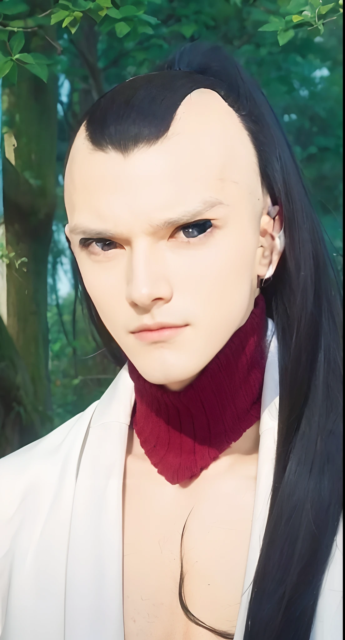 Real life adaption of this character, handsome man face,cool expression,realistic same hair The edges of his hair are bald and the middle and back are long,(realistic same outfit), realistic background, hyper realistic, realistic light, realistic shadow, realism,(photorealistic:1.2), looking to viewer,