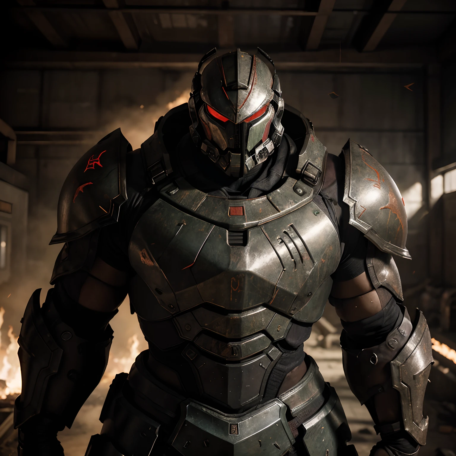 Stable Diffusion prompt: Doom Slayer, Kiryu Kazuma, intense conversation, action-packed scene, epic battle, detailed armor, muscular physiques, determined expressions, fiery background, dynamic lighting, high resolution, photorealistic rendering, vibrant colors, anime-inspired art style.
