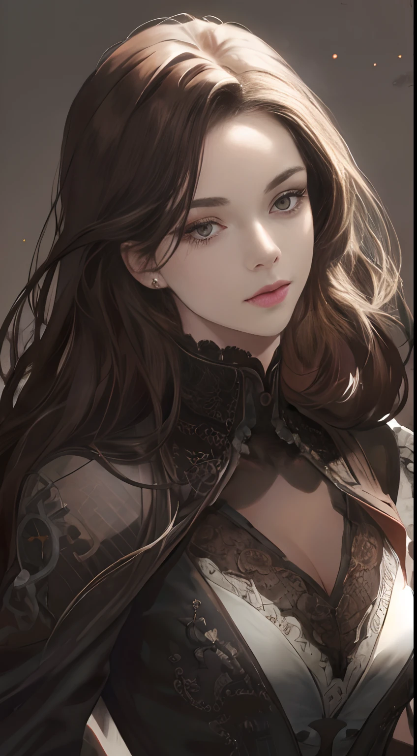 ((retinas)), tmasterpiece, anatomically correcte, textureskin, super detailing, high detal, high qulity, best qualtiy, A high resolution, 4K, (Detailed lighting, detailedshadows), 1womanl, dark brown hair, ((Detailed eyes)), closeup cleavage, sportrait, (with brown eye), Very detailed clothes, ((Modern clothes)), beautiful hairl, Detailed body, Hair down, very highly detailed background, beatiful background, (long whitr hair), Half body,),