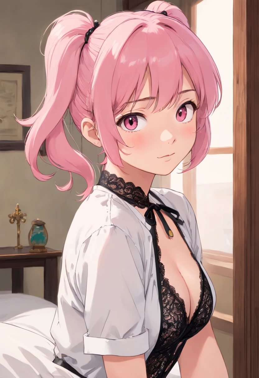 Girl with pink hair double ponytail,Black lace lingerie peeking out of white shirt