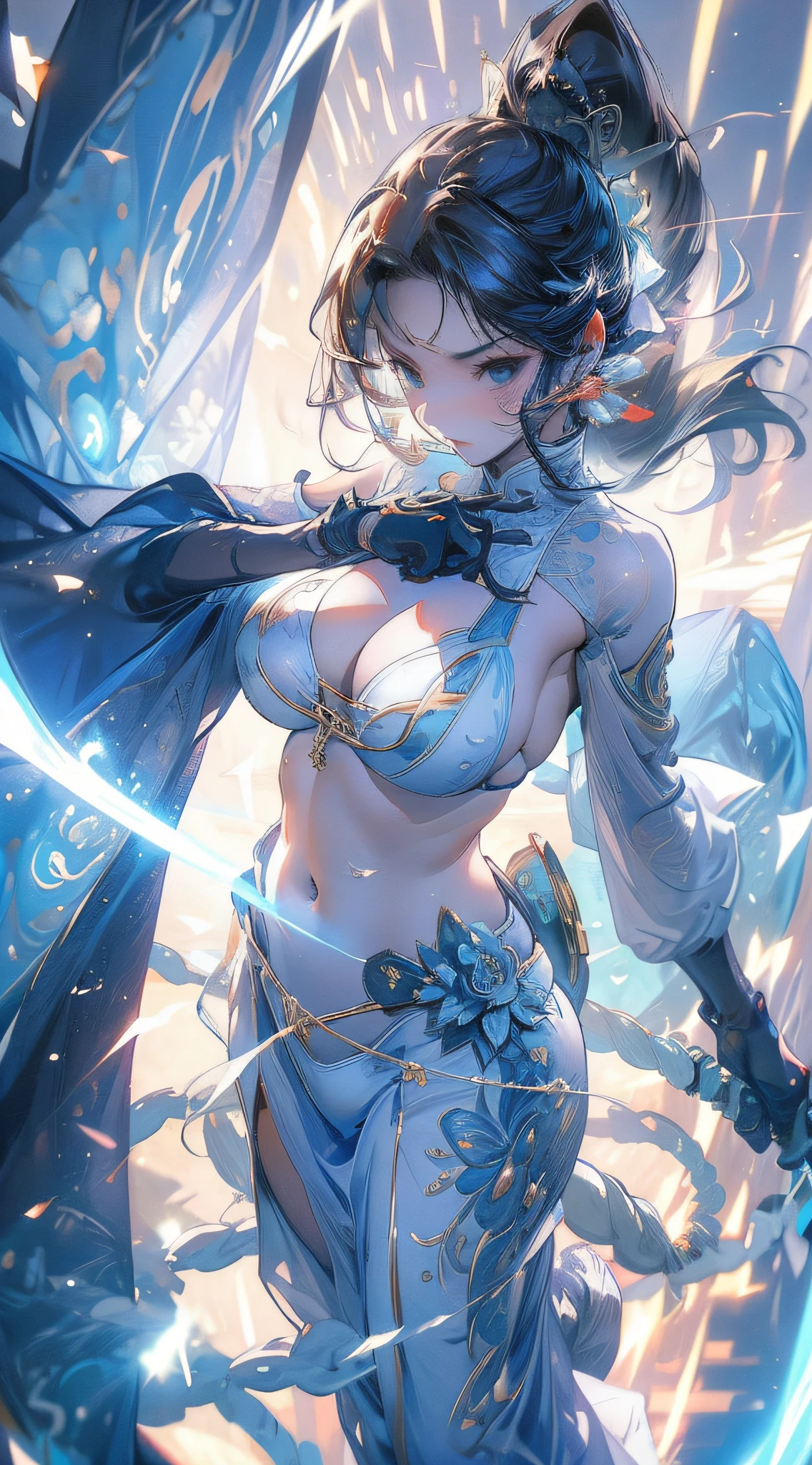 ((Best Quality)), ((masutepiece)), ((Detail large)), Realistic, Convoluted, 16 K, nffsw, nffsw, Super sexy 16 year old girl, Sexy blue white yellow ((The bikini)), Beautiful、Fantastic forest blurred background、