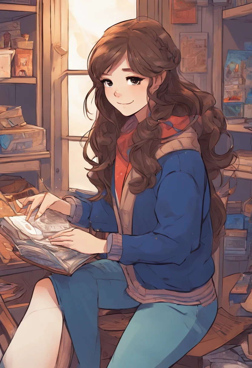 (Style anime), (, Long brown hair with a lock of hair that hides her left eyes), (tenue : small dark blue sweater, pantalon noir), (decoration : la petite fille chambre assise dans sont lit bleu)