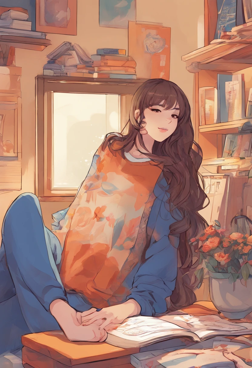 (Style anime), (petite fille, Long brown hair with a lock of hair that hides her left eyes), (tenue : small dark blue sweater, pantalon noir), (decoration : la petite fille est dans sa chambre assise dans sont lit bleu)
