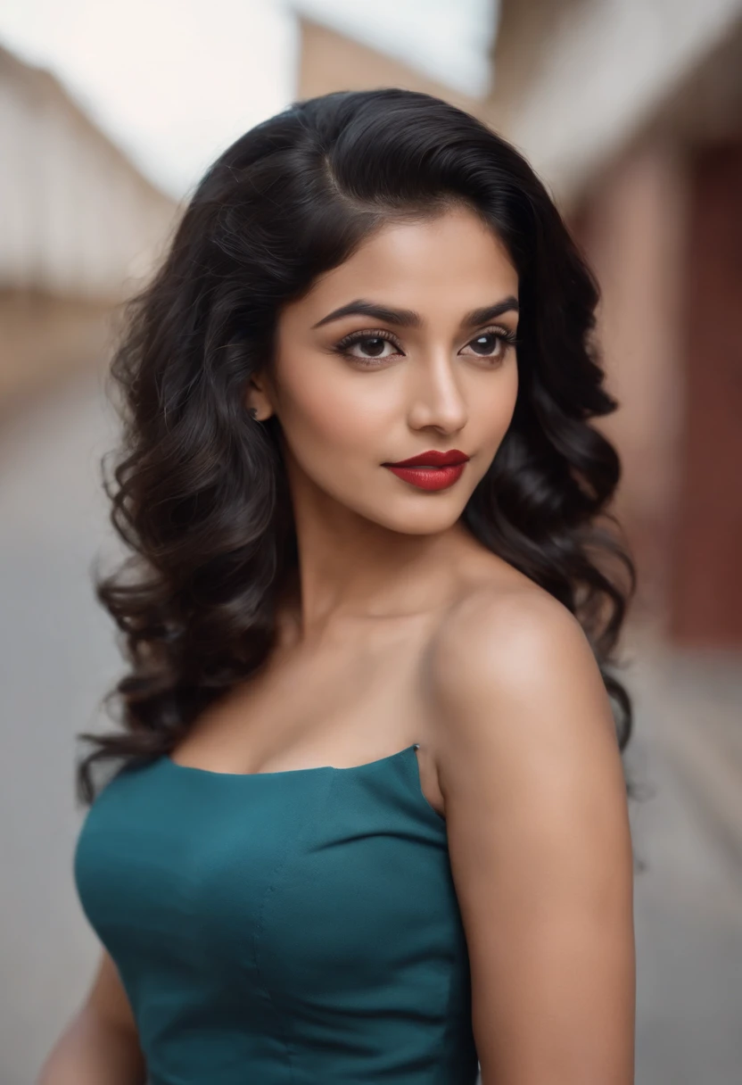 panoramic long shot of a beautiful south asian girl, dynamic pose, old classic , wavy black hair, 50s pin up style, intricate, detailed, DSLR camera , 8K UHD, deep blacks, post processing, nubian nose, protruding teeth