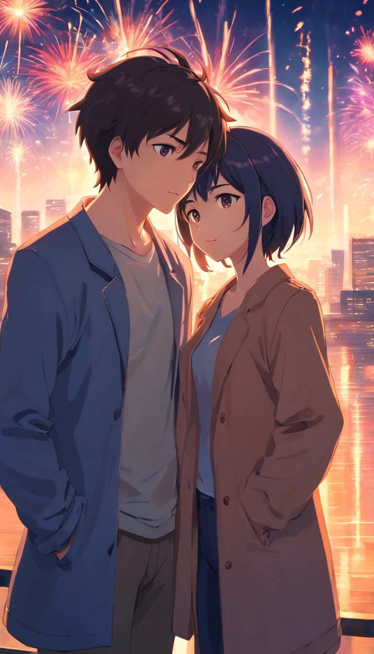 best qualtiy, tmasterpiece, 超高分辨率, realisticlying,A couple, Loose coat,back-to-back,head looking up,cheerfulness,fire works,wide angles