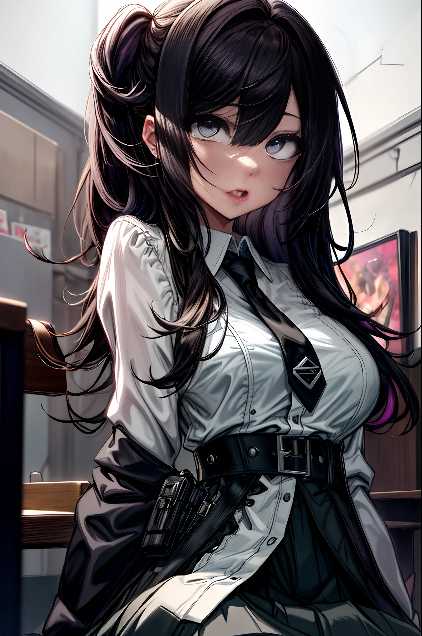 Background black、a black skirt, neck tie, white shirt Pause at the top, Long Black Hair, Gray eyes, holster, Garter belt on the legs, Moderately breasts, hands above your head, Moderate, Pichi Pichi clothes, both sides、Rosa、Rosa、dark in background、Full body、long、校服、A dark-haired、Ahegao ( Silly / Sexual ecstasy)、Cross-eyed、Stranger、View other people、Blunt bangs、 over-kneehighs,Ahegao , Silly,Sexual ecstasy,Drunken eyes,Blunt bangs,,(masutepiece:1.2, Best Quality), (finely detailed beautiful eye: 1.2), (Detailed background,Dark Fantasy), (beautifull detailed face), High contrast, (Best Illumination, extremely delicate and beautiful), ((Cinematic Light)), Colorful, Hyper Detail, Dramatic light, Intricate details,