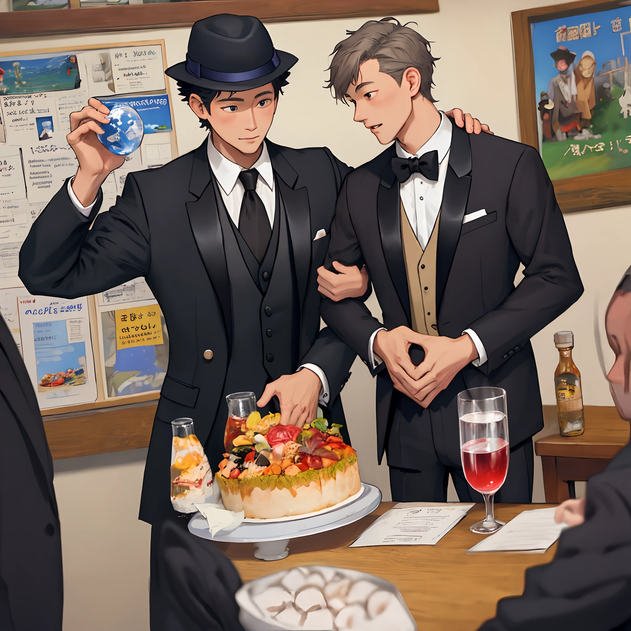3 men, laughing, clapping, in the banquet hall