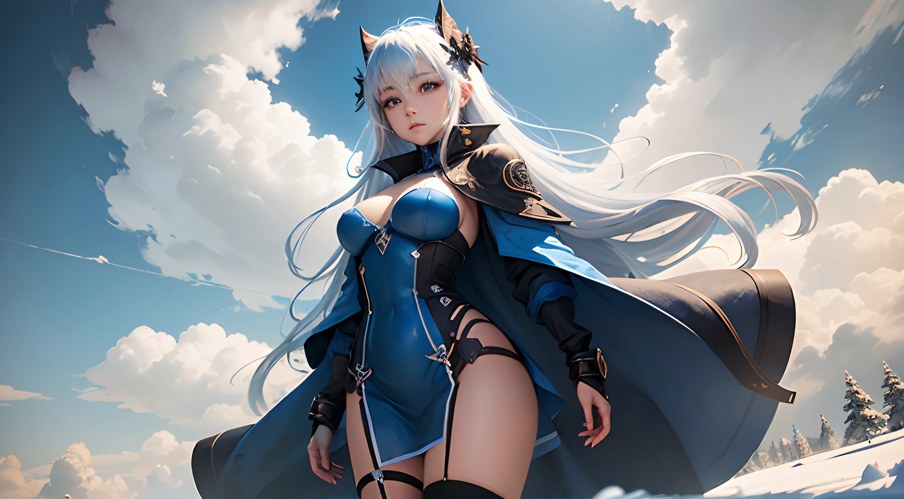 beautiful girl in a blue dress , field of snow, white haired deity, zerochan art, trending on artstation pixiv, from arknights, beautiful fantasy anime, 2. 5 d cgi anime fantasy artwork, guweiz on pixiv artstation, anime art wallpaper 8 k, anime goddess, digital art on pixiv, gothic maiden anime girl, wearing a nice blue tech-jacket, sexy body, blade on her back, pretty face, eyes covered by black bandage