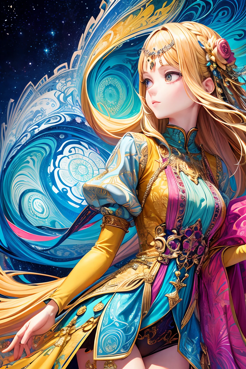 (Masterpiece, Top Quality, Best Quality, Official Art, Beauty and Aesthetics: 1.2), (1girl: 1.3), Very Detailed, (Fractal Art: 1.2), Long Yellow Hair, (Colorful: 1.2), Most Detailed, (Zentangle: 1.2), (Dynamic Pose), (Abstract Background: 1.5), (Traditional Clothing: 1.2), (Shiny Skin), (Multiple Colors: 1.4), Upper Body