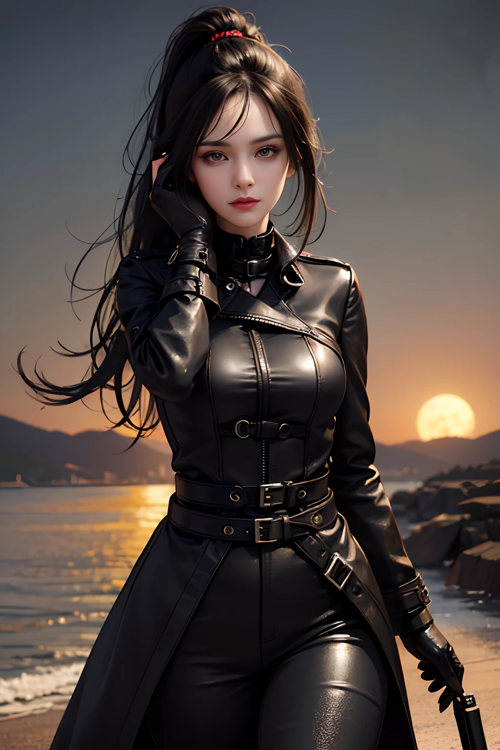 (skindentation:1.5), Realistic, Photorealistic, (masterpiece:1.5), concept art, intricate details, highly detailed, photorealistic, octane render, 8k, unreal engine, dynamic pose, best quality, highres, (realistic face:1.1), (hyperrealistic:1.1), (((full_body))), perfect eyes,(shiny skin:1.2), (((hairstyle))), (((perfect hands))), (extremely detailed background), ((dynamic background)), ((large moon)), ((1girl)), wearing black trench coat, black leather long pants, black t-shirt, black boots, ((detailed eyes, high quality eyes, high quality face)), (extremely intricate jacket), long black hair, ((dramatic)), epic, city, depth of field, bokeh, 4k, college, (ponytail), ((standing pose)), ((full body))