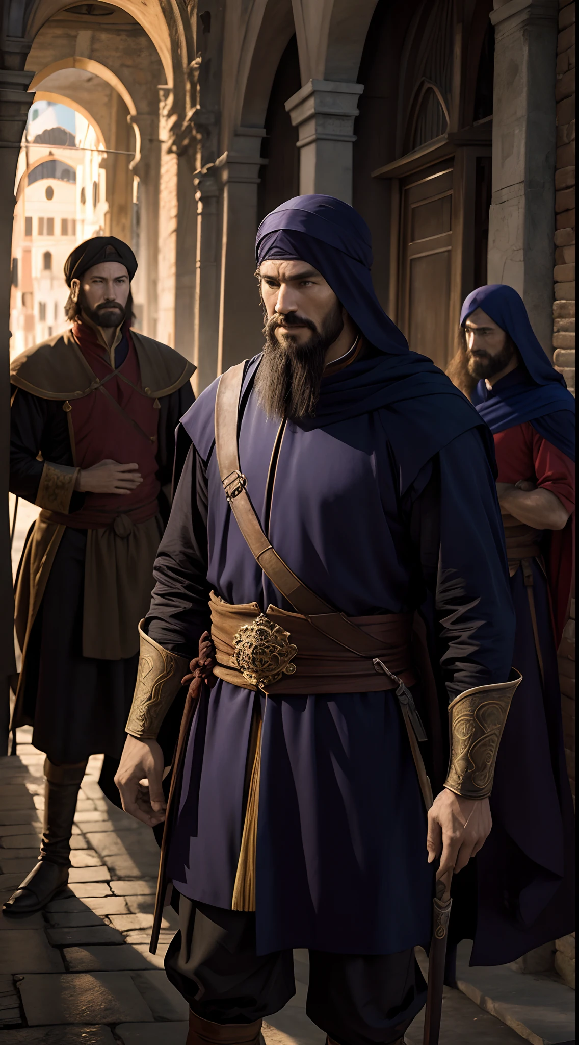 Three venice man, marco polo and two other people , adventurer,13th century,epic , dark background