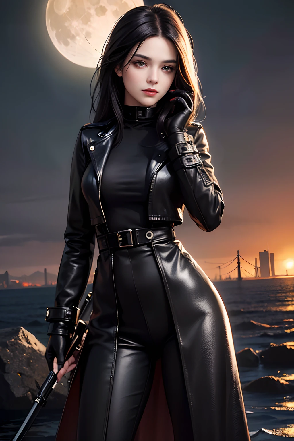 (skindentation:1.5), Realistic, Photorealistic, (masterpiece:1.5), concept art, intricate details, highly detailed, photorealistic, octane render, 8k, unreal engine, dynamic pose, best quality, highres, (realistic face:1.1), (hyperrealistic:1.1), (((full_body))), perfect eyes,(shiny skin:1.2), (((hairstyle))), (((perfect hands))), (extremely detailed background), ((dynamic background)), ((large moon)), ((1girl)), wearing black trench coat, black leather long pants, black t-shirt, black boots, ((detailed eyes, high quality eyes, high quality face)), (extremely intricate jacket), long black hair, ((dramatic)), epic, city, depth of field, bokeh, 4k, college, (ponytail), ((standing pose)), ((full body))