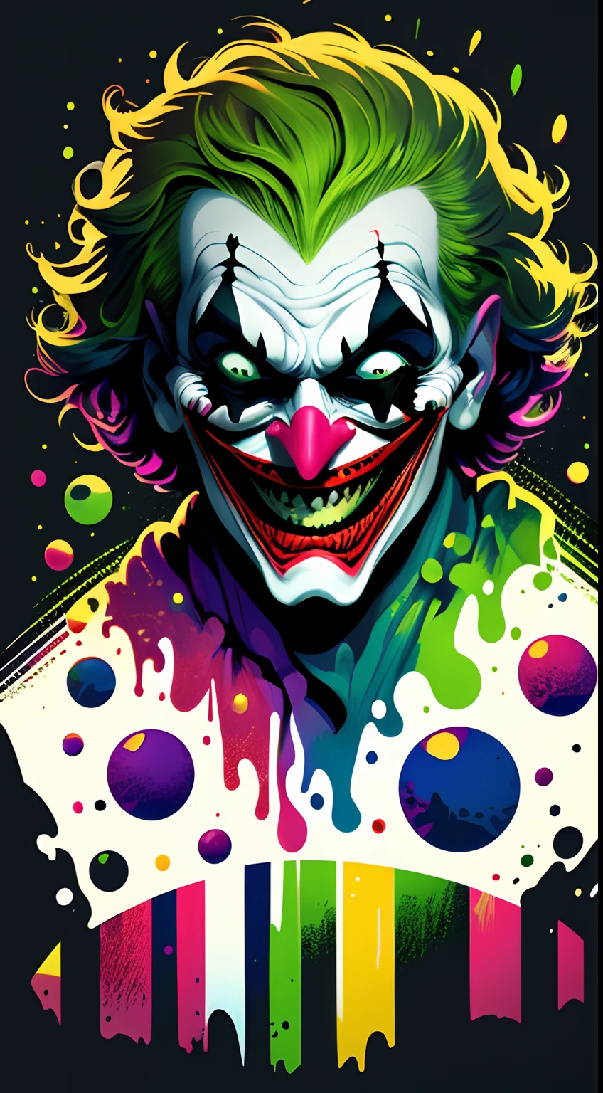 Niji Slime, High quality design vector style image, t-shirt print style, joker graphic art white background bright realistic colors, horror circus scene, laughing joker image, ghastly smile