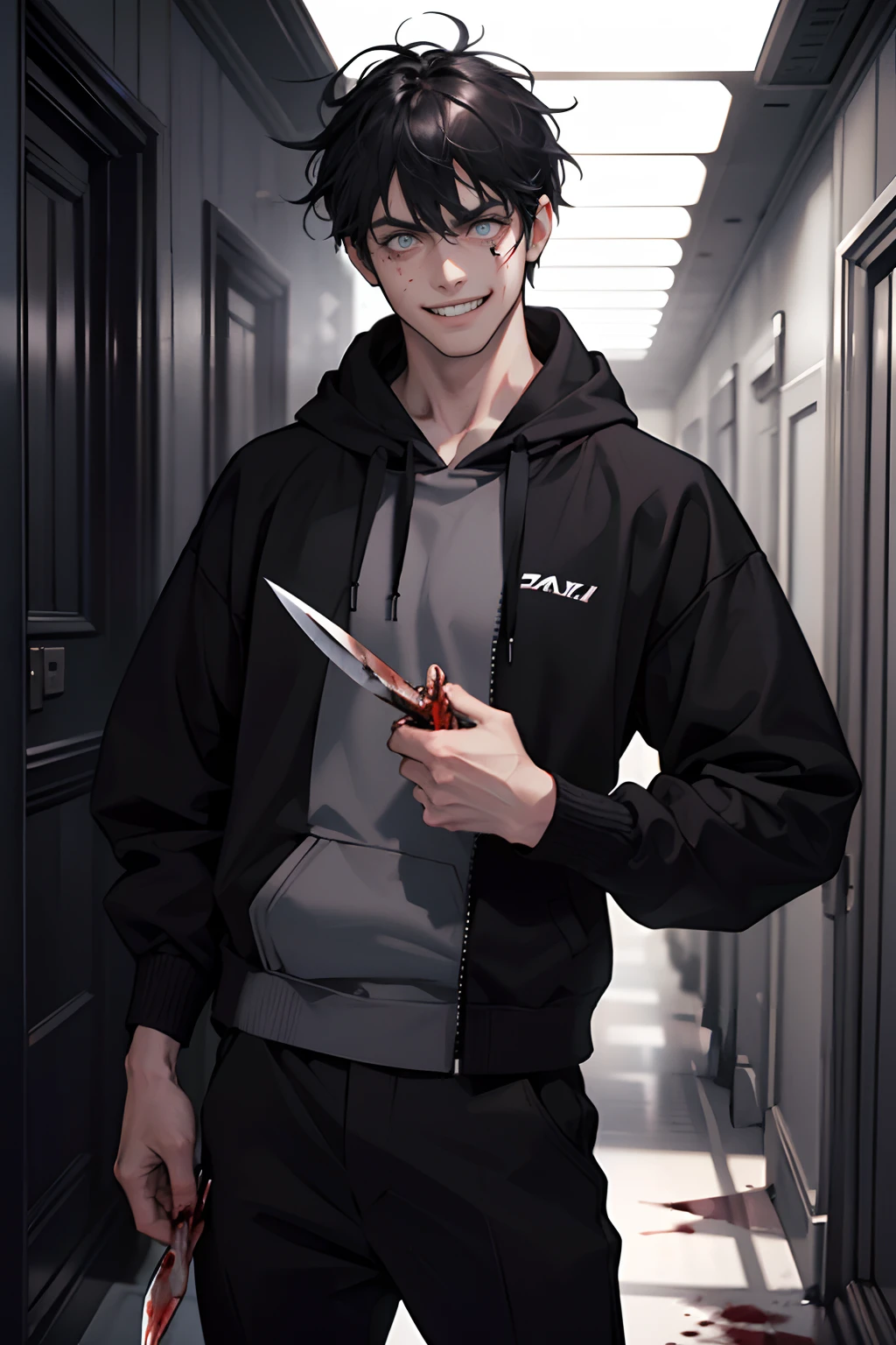 1boys,Tall, strong adult male, Perfect male body, Eyes look at the camera, (Black hair, Messy hair, Crazy expression, Gray hoodie,blood in face,holds a small knife in hand), (Crazy smile,Mad eyes,wide-eyed,small pupil, grin),Stand in a dark hallway,Dim light,Detailed face