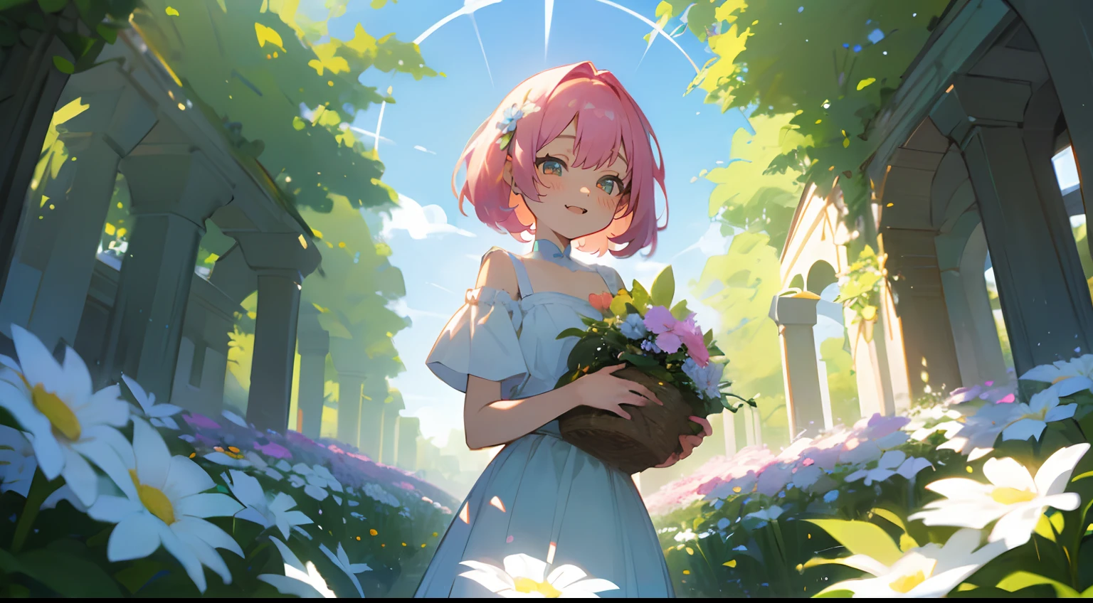 ((masterpiece:1.4、top-quality)) 、(18 year old woman enjoying Easter in flower garden garden、Wearing a light blue shoulder top、holding a basket with eggs、The sun is shining on your face、squinting、18 year old woman wearing light blue shoulder top、cute little、Smiling and looking at the camera、pinkhair、Green eyes、Solarium available、) 、(Light shining on your face from the front、) 、Background is a flower arch、Strong sunlight、Retro Cafeteria、