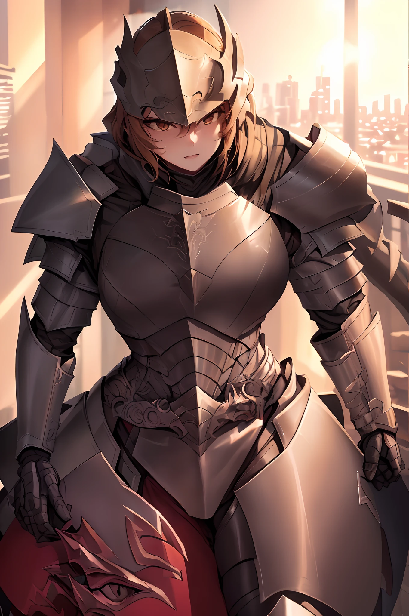 (a female warrior trying to remove a dragon-themed helmet)heavy draconian armor,dragon-themed helmet sticking to her face,trying to take it off,strongly built warrior,strong,athletic body,muscular arms and legs,body covered in shining metallic armor,visibly strained facial expressions,sharp and determined eyes,(best quality,4k,highres),ultra-detailed,ultra-realistic,hotel room backdrop with modern furnishings,contemporary room decor,soft lighting illuminating the room,subtle shadows cast on the warrior,hotel window showing city skyline in the background,urban setting,luxurious ambiance,impressive dragon design on the helmet,fiery red and golden scales,ornate horns and spikes on the helmet,embossed dragon motif on the armor,reflective surface of the armor capturing the surroundings,shimmering under the light,sounds of struggle and exertion,muffled thuds and clattering of armor,faint echoes in the room, hinting at the warrior's determination and perseverance