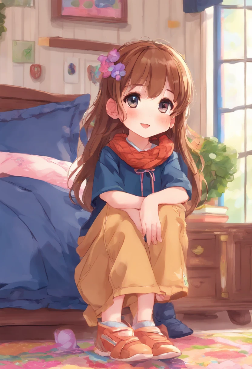 An adorable girl with chestnut brown hair, wearing a blue dress and white stockings, sitting on a beautifully made bed. The girl's eyes are stunningly detailed, with long eyelashes that add to her charm. Her lips are also beautifully detailed, giving her a captivating smile. The overall image is of the highest quality, with ultra-detailed features and a photorealistic appearance. The scene is bathed in soft, natural light, creating a warm and inviting atmosphere. The colors are vivid and vibrant, enhancing the girl's beauty and adding life to the artwork. The medium used to create this masterpiece is a combination of illustration and digital painting, resulting in a visually stunning piece of art.