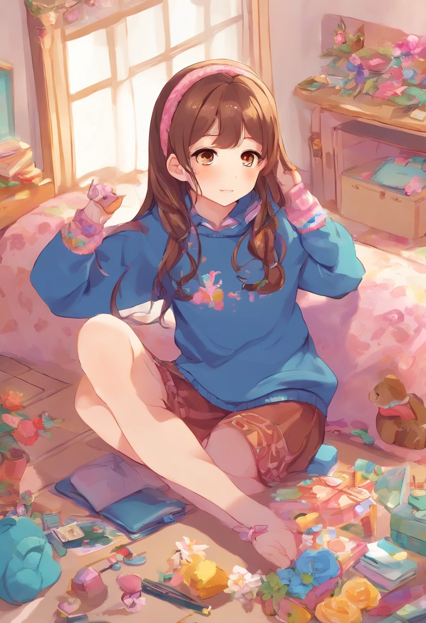 (Style anime), (, Long brown hair with a lock of hair that hides her left eyes), (tenue : small dark blue sweater, pantalon noir), (decoration : la petite fille chambre assise dans sont lit bleu)