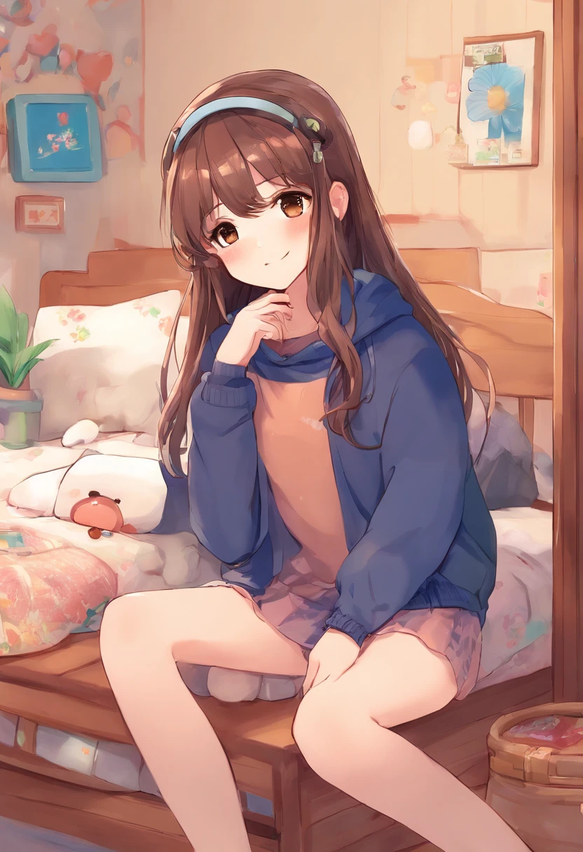 (Style anime), (petite fille, Long brown hair with a lock of hair that hides her left eyes), (tenue : small dark blue sweater, pantalon noir), (decoration : la petite fille est dans sa chambre assise dans sont lit bleu)