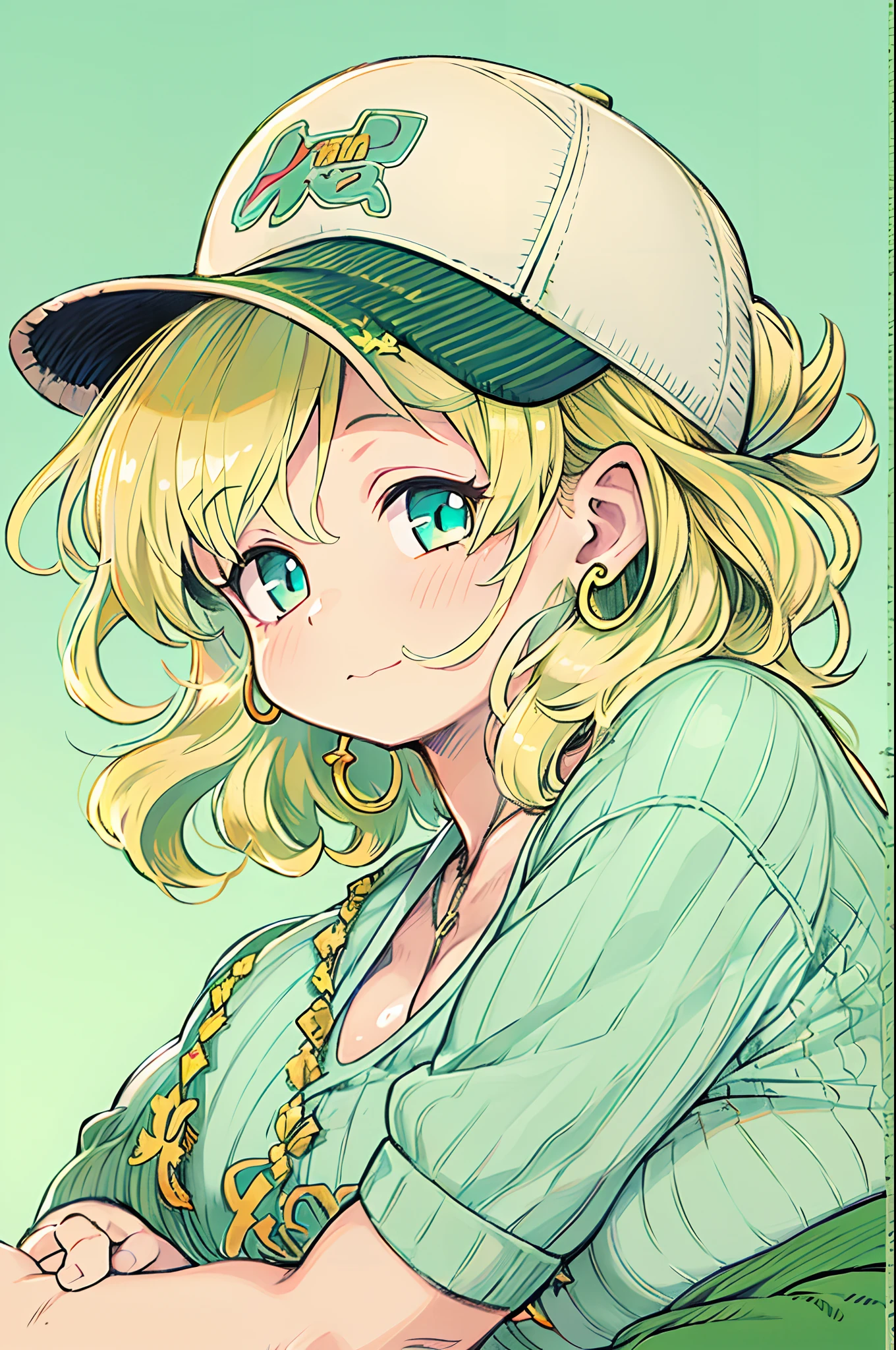 Tetsuya Nomura, masutepiece, Best Quality, 1girl in, aqua eyes, Baseball Cap, Blonde hair, Closed mouth, earrings, Green background, hat, hoop earrings, Jewelry, Looking at Viewer, Shirt, Short hair, Simple background, Solo, Upper body, Yellow shirt giant chubby、Ultramammy、