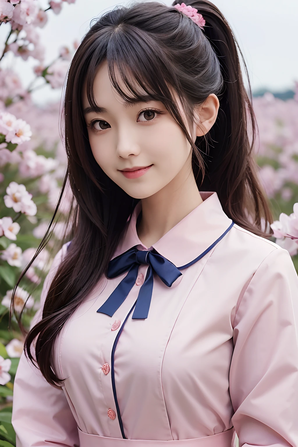 Young Japanese girl, school uniform, semi-long wave ponytail, smiling girl,Crystal eyes,Medium Close-Up, pink costume, v chest,big breasts,field of flowers background,(best quality:1.7), High Fidelity , High Realism , Ultra High Precision , photoreal , global illuminations,