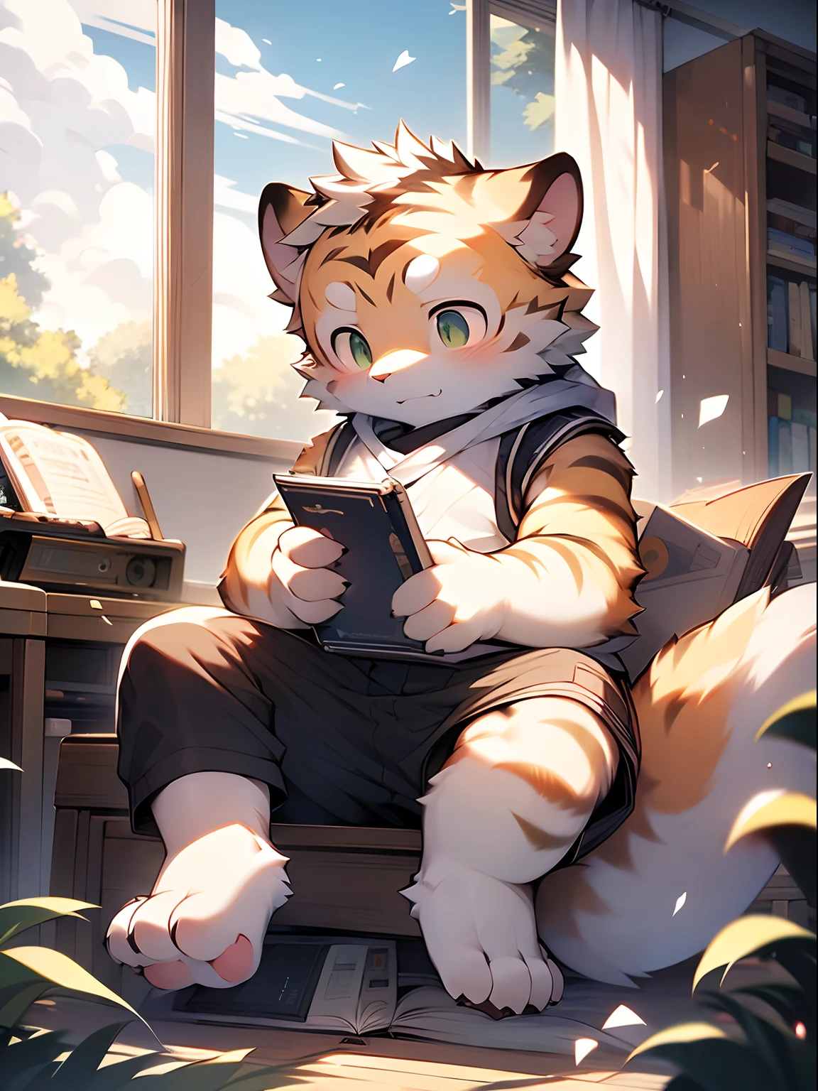 Masterpiece, Best quality, Perfect anatomy, author：K0bit0wani, author：Milk Tiger 1145, (author：Dex:0.3), Furry, coyote, tiny ears, Solo, Male, baggy pants, Skinny white vest, Eau, Abs, legs separated, Small raised, Slightly chubby figure, holding book, Detailed background, music sheets, Leaning back, Butterfly, Grass，Shota，Libido boy