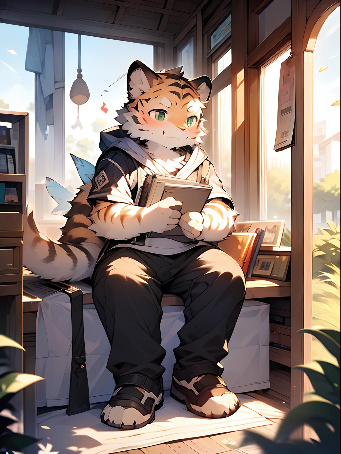 Masterpiece, Best quality, Perfect anatomy, author:K0bit0wani, author:Milk Tiger 1145, (author:Dex:0.3), Furry, coyote, tiny ears, Solo, Male, baggy pants, Skinny white vest, Eau, Abs, legs separated, Small raised, Slightly chubby figure, holding book, Detailed background, music sheets, Leaning back, Butterfly, Grass,Shota,Libido boy