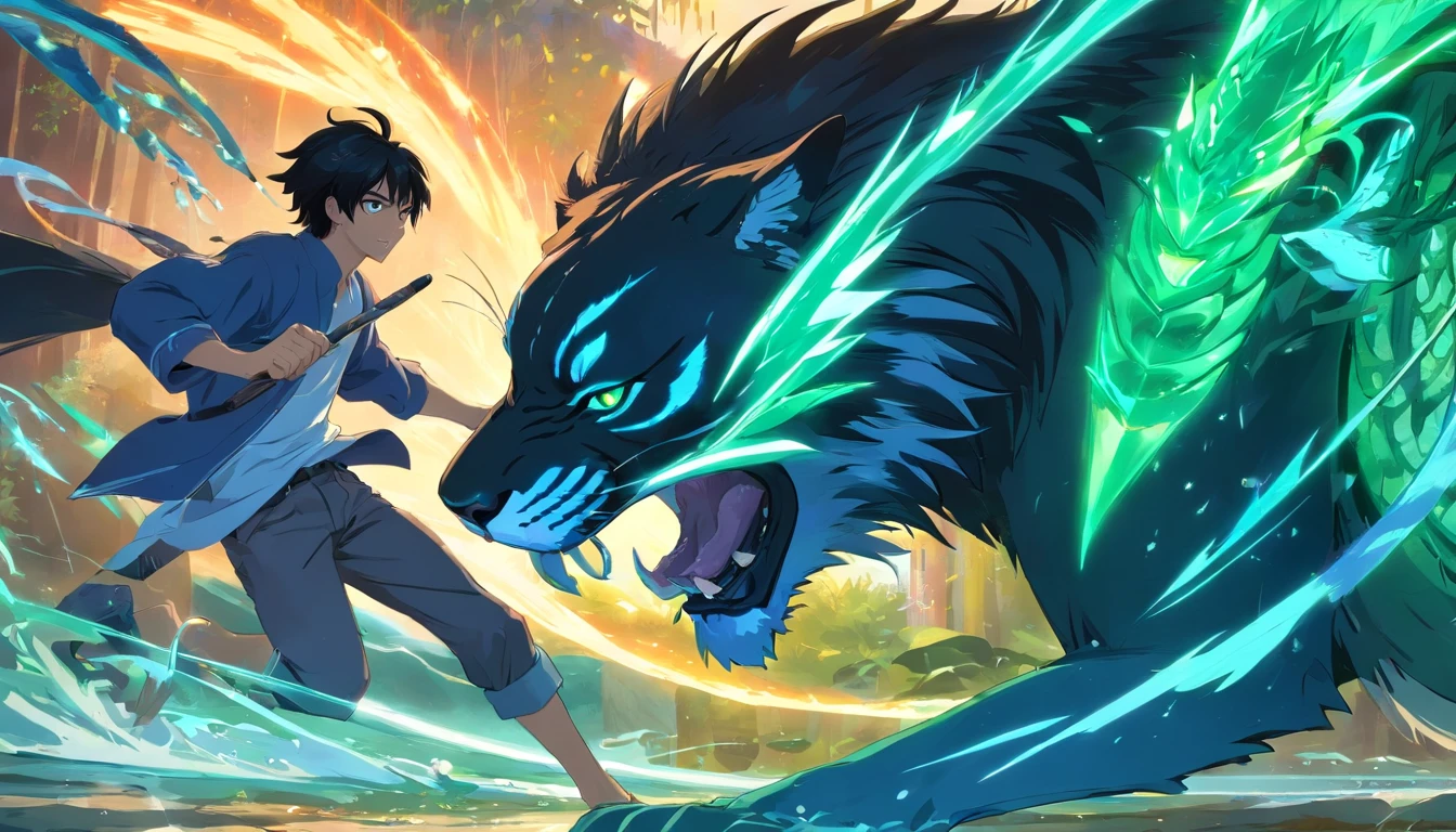 male character with his long raven-black hair and piercing emerald eyes with blue tiger spirit behind him fighting with leak myth creature from balinese