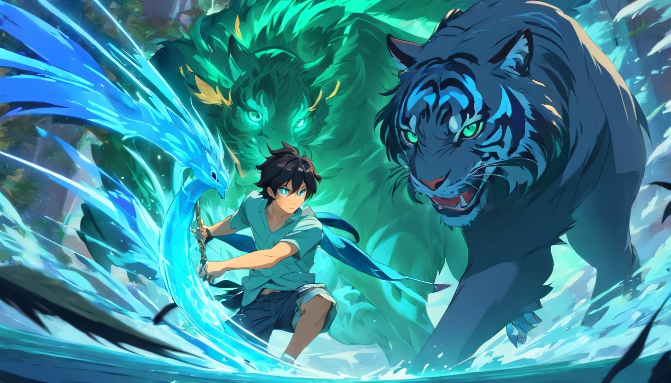 male character with his long raven-black hair and piercing emerald eyes with blue tiger spirit behind him fighting with leak myth creature from balinese