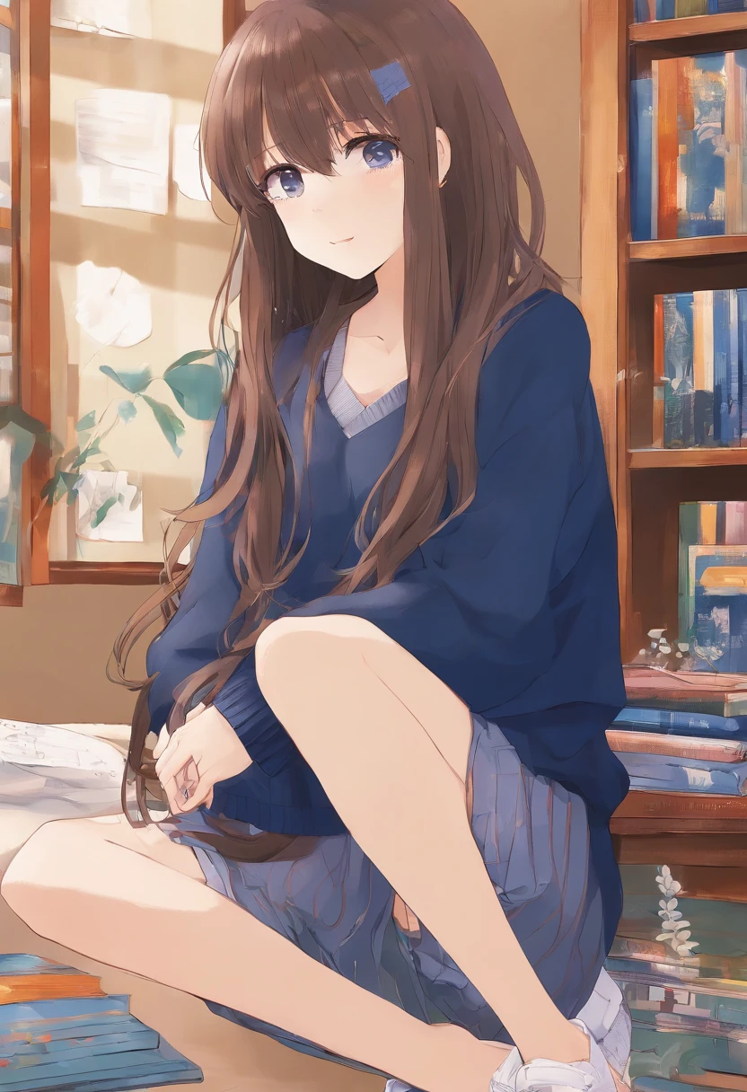 (Style anime), (petite fille, Long brown hair with a lock of hair that hides her left eyes), (tenue : small dark blue sweater, pantalon noir), (decoration : la petite fille est dans sa chambre assise dans sont lit bleu)
