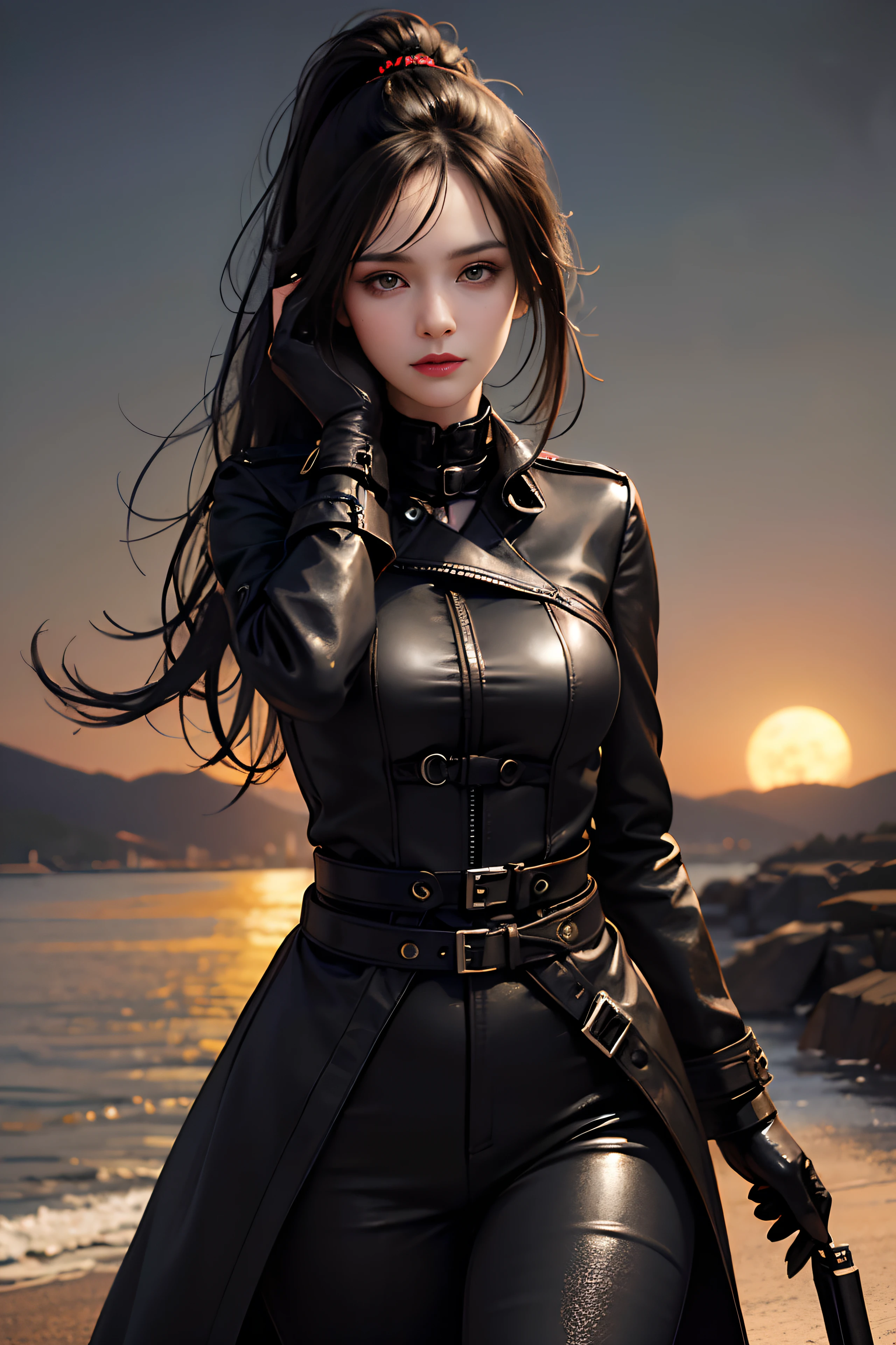 (Skin dentition:1.5), Practical, Reality, (masterpiece:1.5), concept art, Intricate details, Very detailed, Reality, Octane Rendering, 8K, Unreal Engine, Dynamic poses, best quality, High resolution, (Realistic face:1.1), (Surrealism:1.1), (((full_Body))), Perfect eyes,(shiny skin:1.2), (((hairstyle))), (((Perfect hands))), (Very detailed的背景), ((Dynamic Background)), ((Big Moon)), ((1 Girl)), Wearing a black trench coat, Black leather trousers, Black T-shirt, Black boots, ((delicate eyes, High quality eyes, High quality face shape)), (extremely sophisticated jacket), Black long hair, ((Dramatic)), epic, City, Depth of Field, Bokeh, 4k, University, (Ponytail), ((Standing)), ((full Body))
