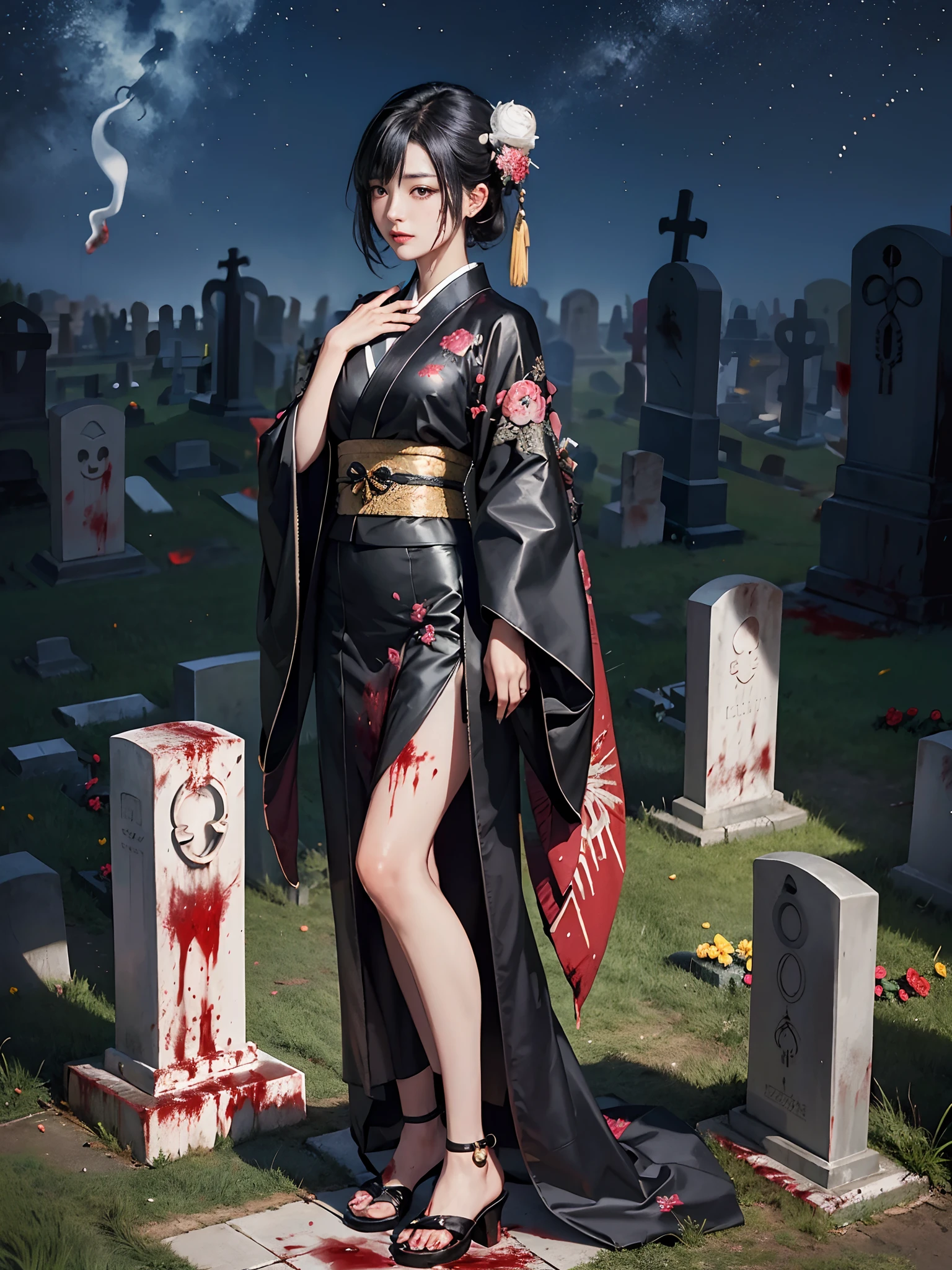 Background of details(Graveyard at night,There are many ghosts:1.5),BREAK ,elaborate costume(Luxury kimono(Black kimono(detailed embroidery))),BREAK,1 Beautiful and classy adult woman(Japanese actressl:1.2)(shinny hair(A black,verdant)(Short hair)(Face and clothes covered in blood:1.5)),BREAK,Wallpapers 16K,Blur the background,(masutepiece:1.5), (Best Quality:1.5),(Portrait photos:1.5),(full body Esbian:1.5)