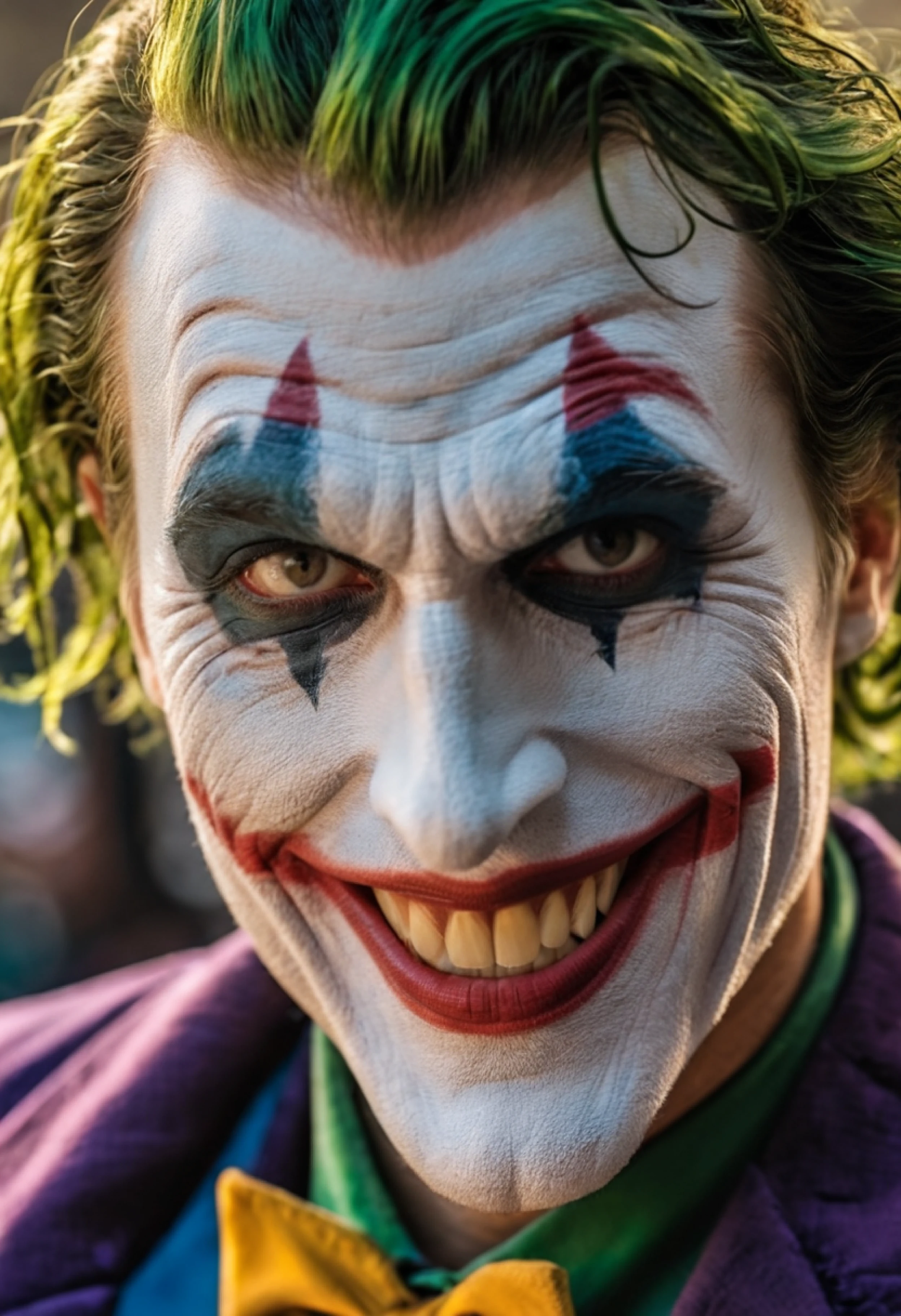a detailed close up photo, joker of Dc comic, live action, crazy face, crazy smile, joker, clown makeup, big smile, face wrinkles, masterpiece, best quality