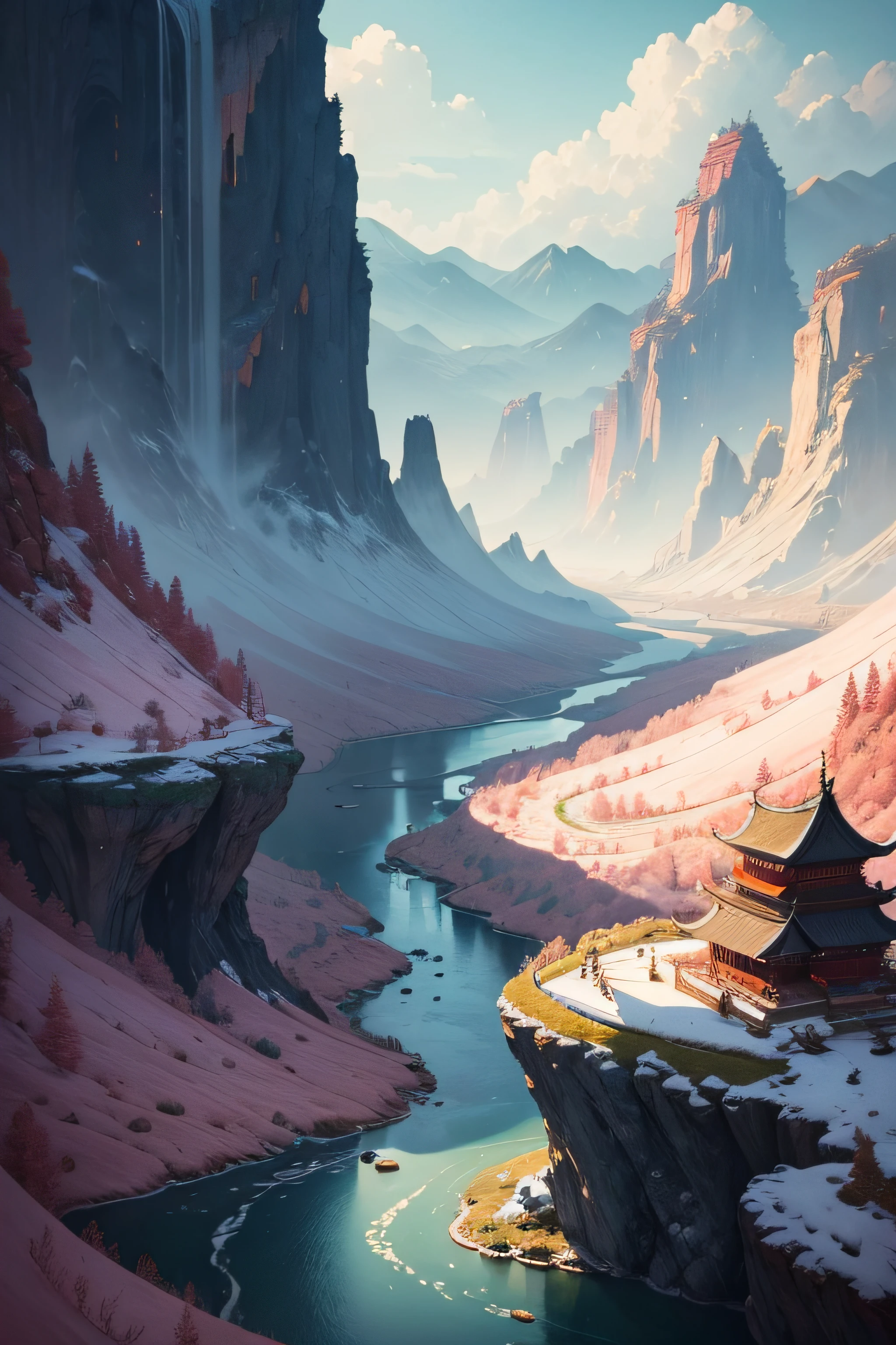 Shuǐmò huà, ink and watercolor painting, colour ink, mountainscape with a river, chinese style, whimsical, rough sketch, (sketch:1.1), Colorful Chinese Oil Painting Landscape/ With a mystical environment and colors of the seven chakras in soft tones. With a background of heaven and fertile earth, nature beautiful ultra realistic 8k images, Fantasy caves and stalactites