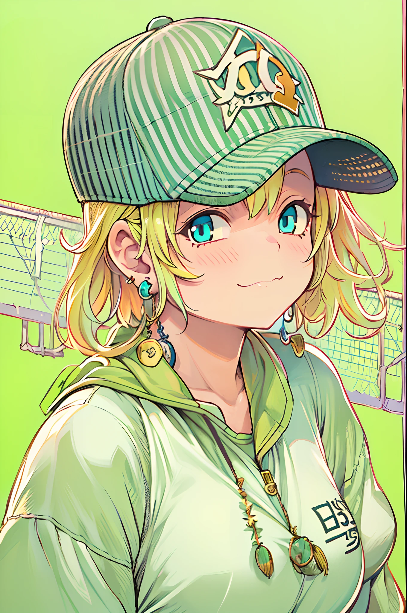 Tetsuya Nomura, masutepiece, Best Quality, 1girl in, aqua eyes, Baseball Cap, Blonde hair, Closed mouth, earrings, Green background, hat, hoop earrings, Jewelry, Looking at Viewer, Shirt, Short hair, Simple background, Solo, Upper body, Yellow shirt 、Giant chubby、Ultramammy、