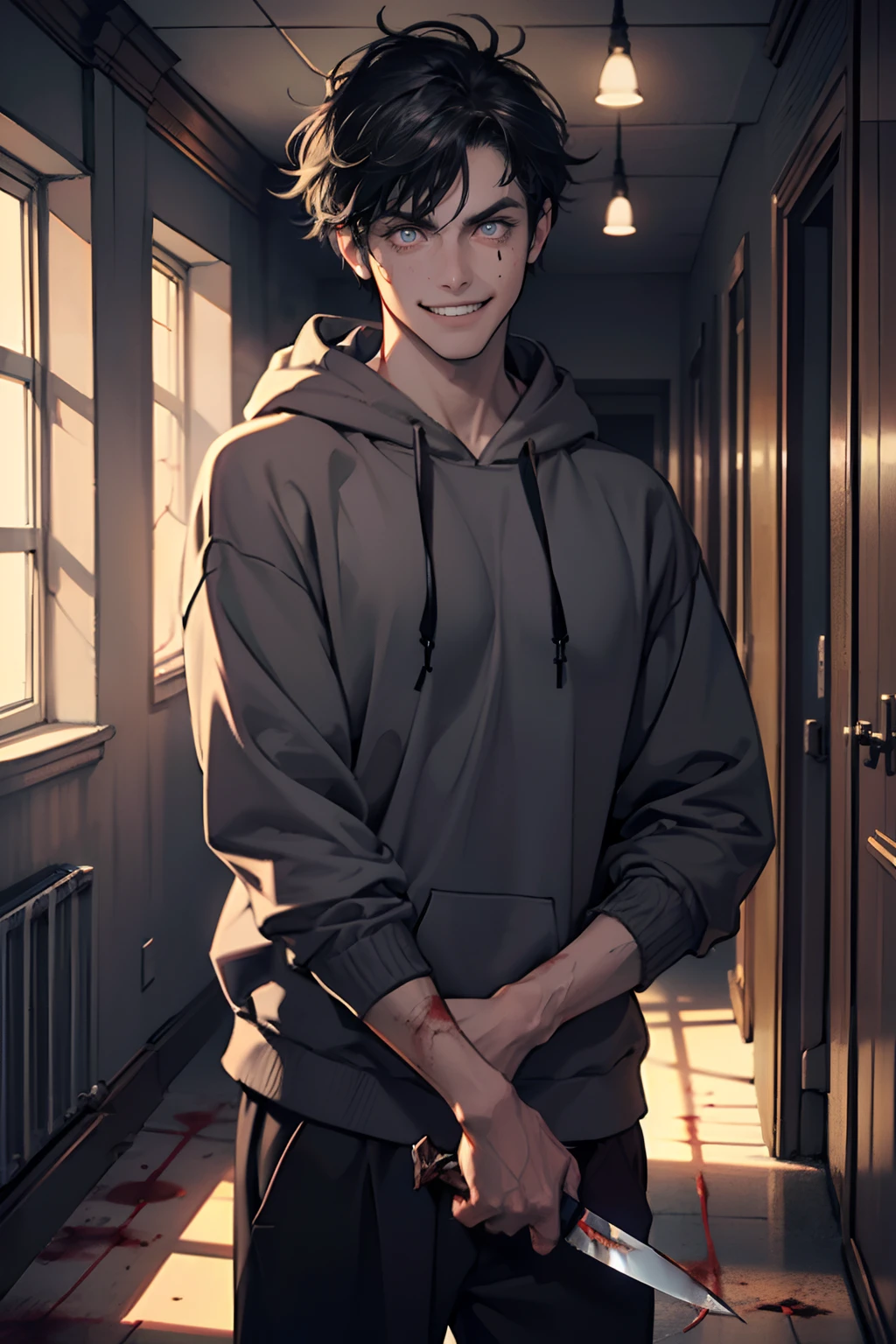 1boys,Tall, strong adult male, Perfect male body, Eyes look at the camera, (Black hair, Messy hair, Crazy expression, Gray hoodie,blood in face,holds a small knife in hand), (Crazy smile,Mad eyes,wide-eyed,small pupil, grin),Stand in a dark hallway,Dim light,Detailed face,Dramatic shadow,Ray tracing