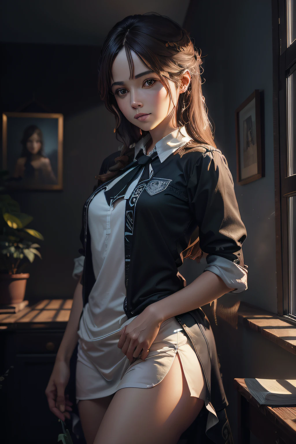 Highest quality, masterpiece, Ultra-high resolution, (reality: 1.4), Original photo, One Girl, mature, , ((Nun Dress,pencil skirt,Thighs:1.3)),((mini skirt)), (Cream panties、Garter Stockings:1.2),, Cinema Lighting、sexy proportions、sexy、Tight waist、Toned body、length, Slim fit limni skirt、barefoot、School rooftop、Residential street view、View of the schoolyard