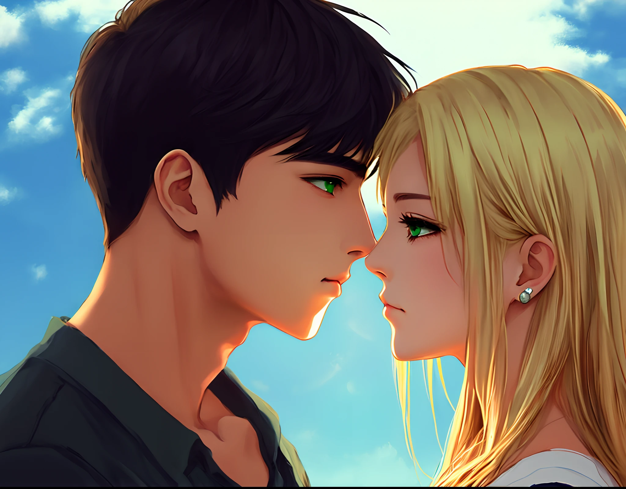 Green eyed blonde girl kissing a brown eyed dark hair Hispanic boy anime style