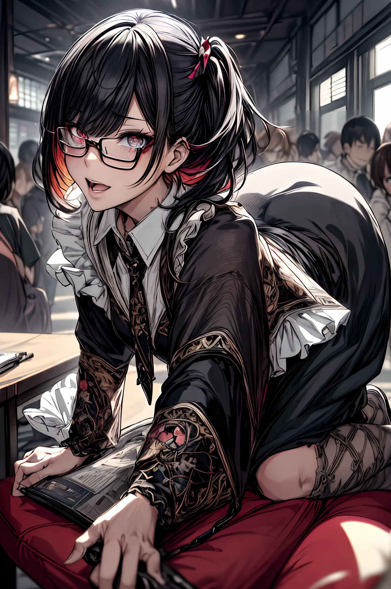 Cross-eyed、Stranger、View other people、Blunt bangs、Sitting,hand between legs,maid, Glasses, over-kneehighs,Ahegao , Silly,Sexual ecstasy,Drunken eyes,Blunt bangs, Black hair,(masutepiece:1.2, Best Quality), (finely detailed beautiful eye: 1.2), (Detailed background,Dark Fantasy), (beautifull detailed face), High contrast, (Best Illumination, extremely delicate and beautiful), ((Cinematic Light)), Colorful, Hyper Detail, Dramatic light, Intricate details,Full body、Sit on a chair, cross one's legs、Bag、High School Costumes、long、校服、A dark-haired、Twin-tailed、Ahegao ( Silly / Sexual ecstasy)、Cross-eyed、Stranger、View other people、Blunt bangs、 over-kneehighs,Ahegao , Silly,Sexual ecstasy,Drunken eyes,Blunt bangs,,(masutepiece:1.2, Best Quality), (finely detailed beautiful eye: 1.2), (Detailed background,Dark Fantasy), (beautifull detailed face), High contrast, (Best Illumination, extremely delicate and beautiful), ((Cinematic Light)), Colorful, Hyper Detail, Dramatic light, Intricate details,